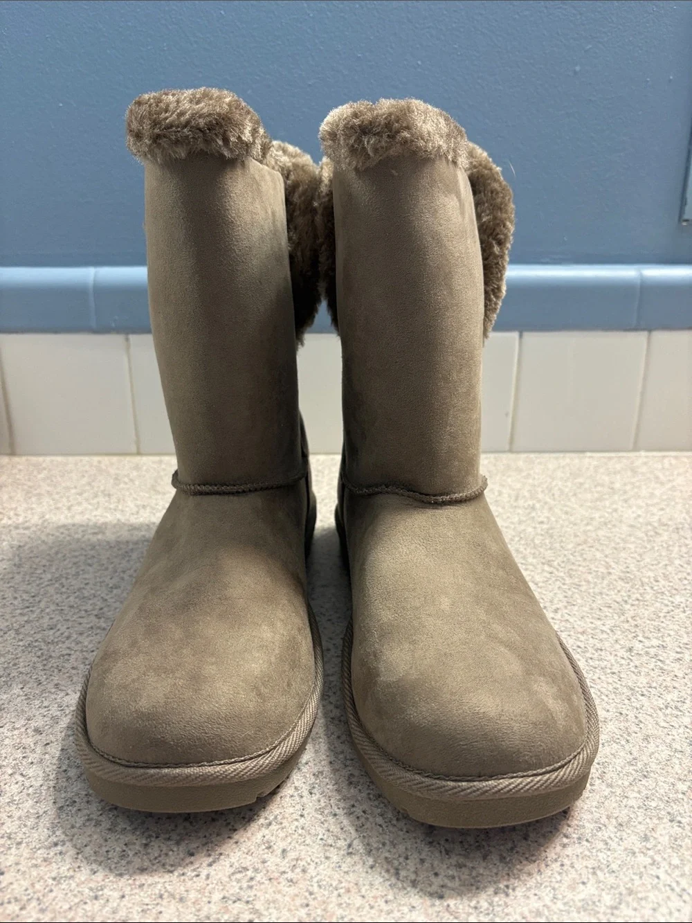 Arizona Jean Company Taupe Faux-Suede Fur-Trim Tassel Short Boots